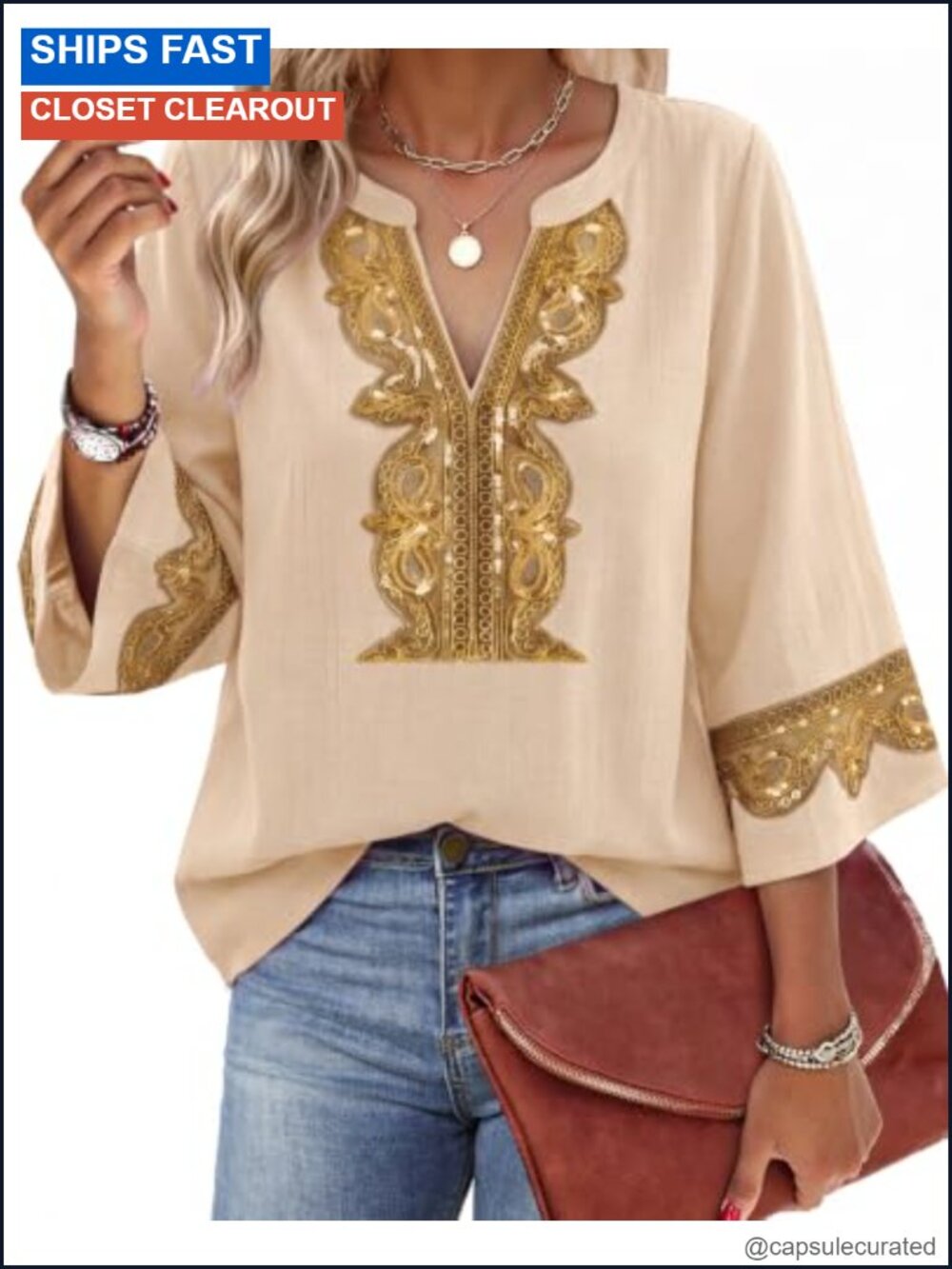 Embroidered Lace V-Neck 3/4 Bell Sleeve Tunic Blouse Boho Western